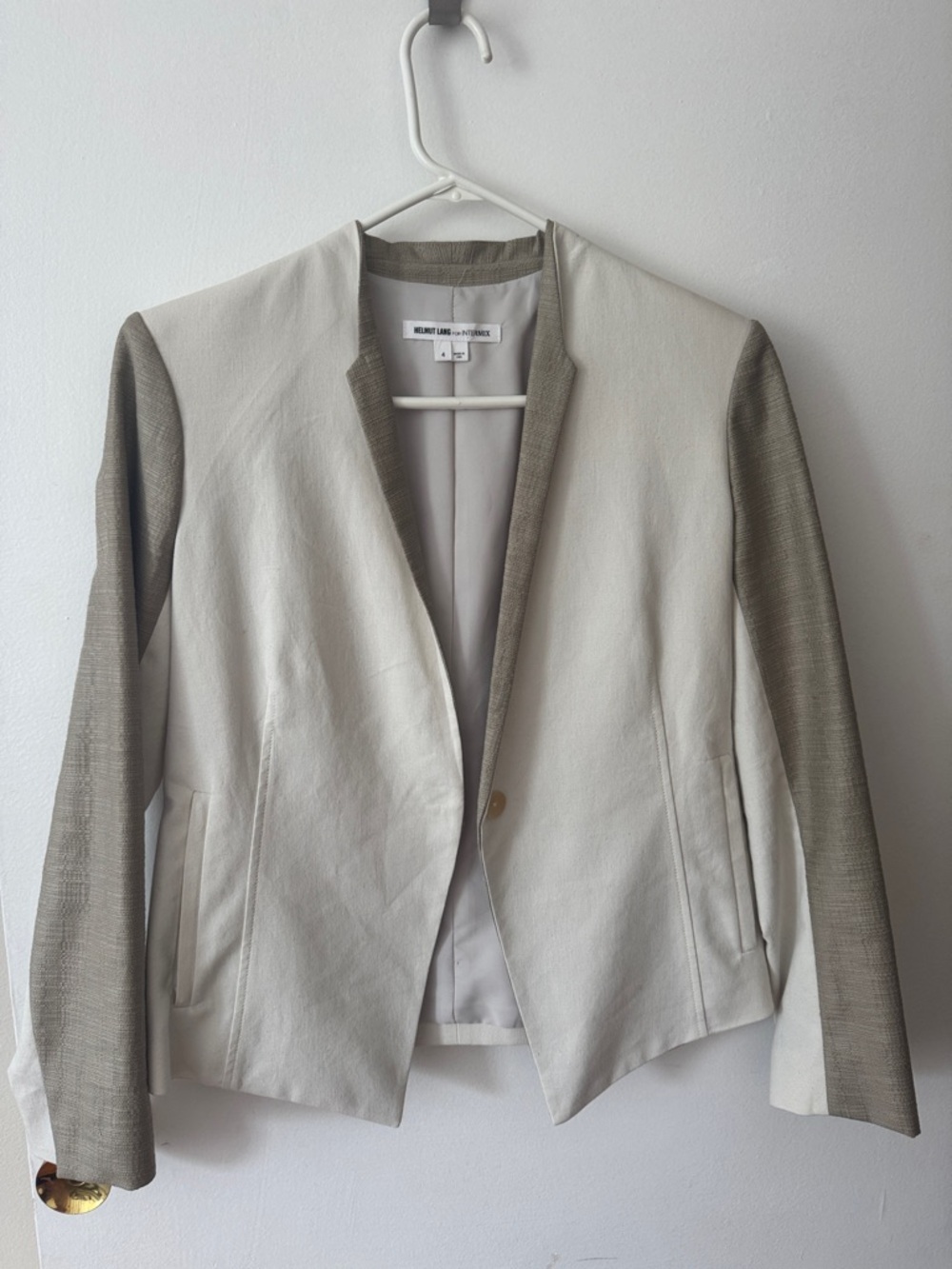 Helmut Lang Two-Tone Cream and Taupe Open-Front Blazer